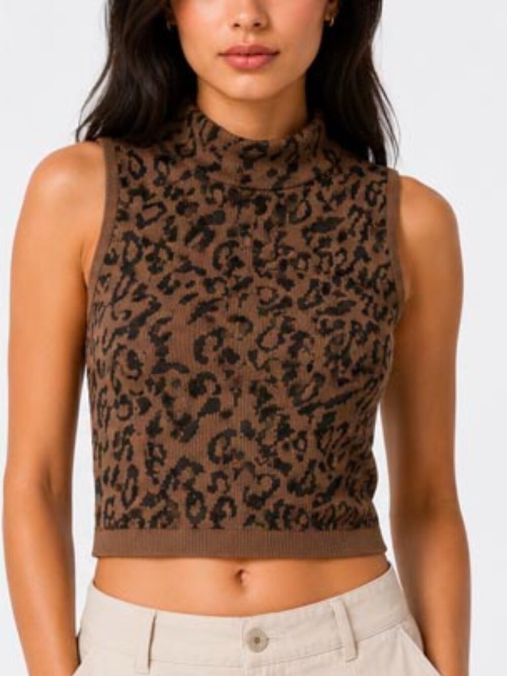 Women’s Leopard Print Seamless Knit Tank Top Mock Neck Sleeveless Crop Top